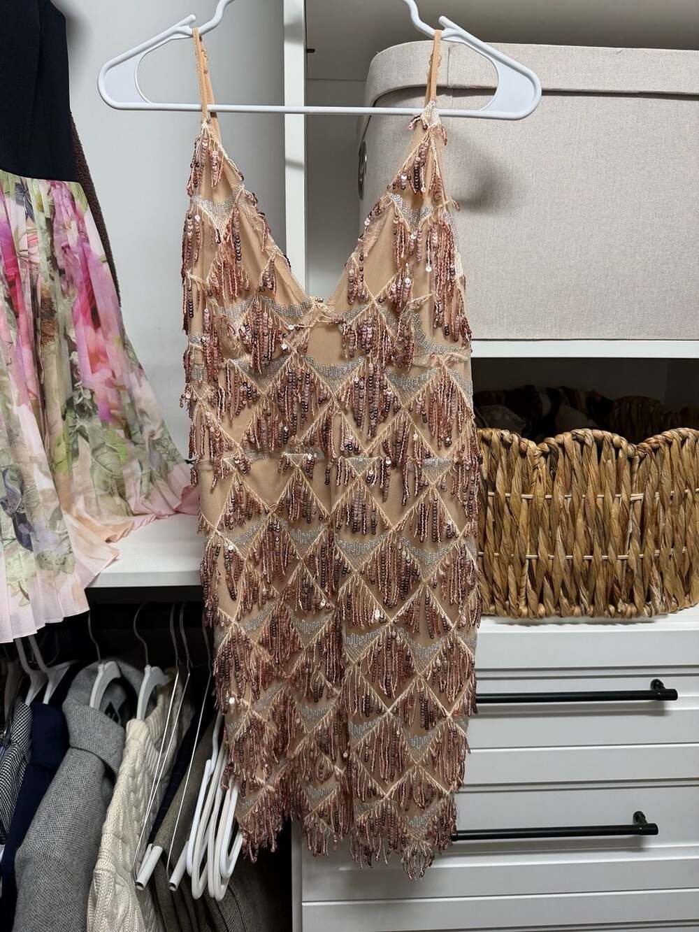 Windsor Rose Gold Sequin Fringe Mini Dress